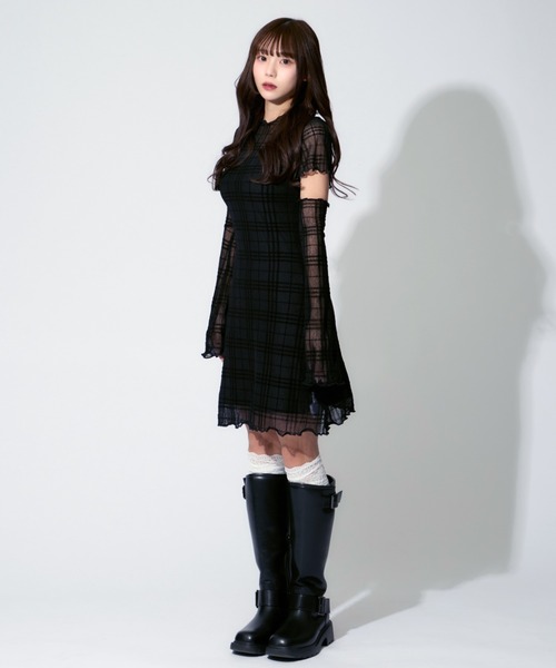 ALLuRing ChaRm（アリュリングチャーム）の「Plaid See-through Mini Dress / シースルーチェック柄ミニワンピース 3点セット（ワンピース・レディース・ブラック・FREE）」の4枚目の写真