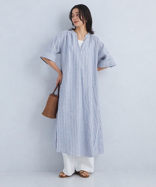 green label relaxing（グリーンレーベルリラクシング）の「［size SHORTあり］フレンチリネン シャツ ワンピース（シャツワンピース・レディース・ベージュ/ブラック/その他1・FREE/SHORT）」の4枚目の写真