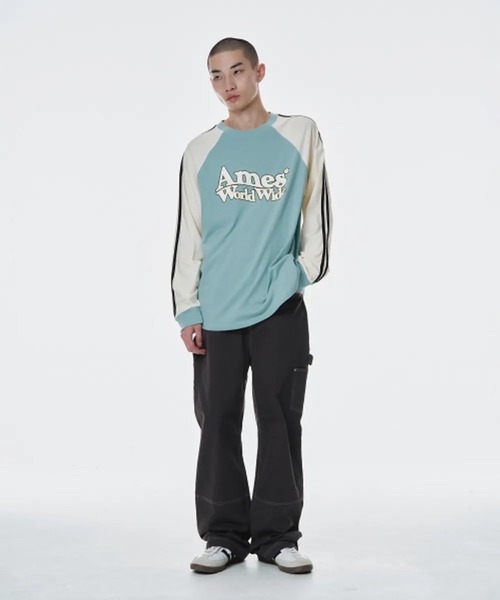 ★AMES-WORLDWIDE★LINETAPE RAGLAN LONGSLEEVE TEE BLACK★人気 A'GEM/9 × .kom 『AMESWORLDWIDE/アメスワールドワイド
