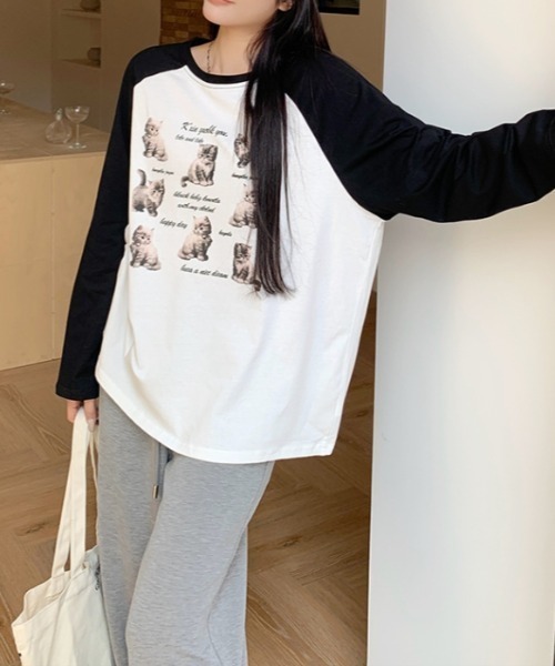 Vipoa(ヴィポア)の「CATプリントラグランスリーブTEE(Tシャツ/カットソー・レディース・ホワイト・FREE)」の4枚目の写真