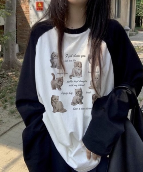 Vipoa(ヴィポア)の「CATプリントラグランスリーブTEE(Tシャツ/カットソー・レディース・ホワイト・FREE)」の6枚目の写真