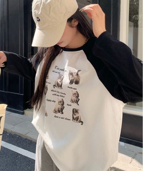 Vipoa(ヴィポア)の「CATプリントラグランスリーブTEE(Tシャツ/カットソー・レディース・ホワイト・FREE)」の5枚目の写真