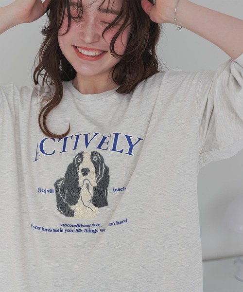 titivate（ティティベイト）の「ドッグ刺繍ビッグロングTシャツ（Tシャツ/カットソー・レディース・オフホワイト/ライトブルー/ホワイト系その他・M）」の11枚目の写真