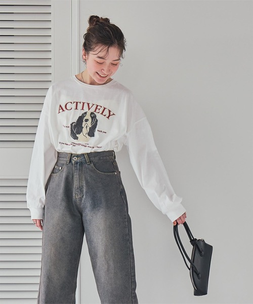 titivate（ティティベイト）の「ドッグ刺繍ビッグロングTシャツ（Tシャツ/カットソー・レディース・オフホワイト/ライトブルー/ホワイト系その他・M）」の8枚目の写真