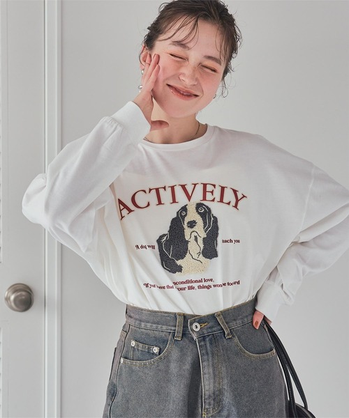 titivate（ティティベイト）の「ドッグ刺繍ビッグロングTシャツ（Tシャツ/カットソー・レディース・オフホワイト/ライトブルー/ホワイト系その他・M）」の9枚目の写真
