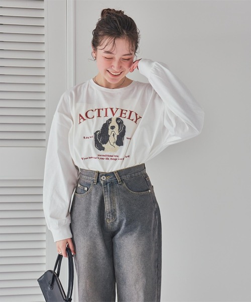 titivate（ティティベイト）の「ドッグ刺繍ビッグロングTシャツ（Tシャツ/カットソー・レディース・オフホワイト/ライトブルー/ホワイト系その他・M）」の10枚目の写真
