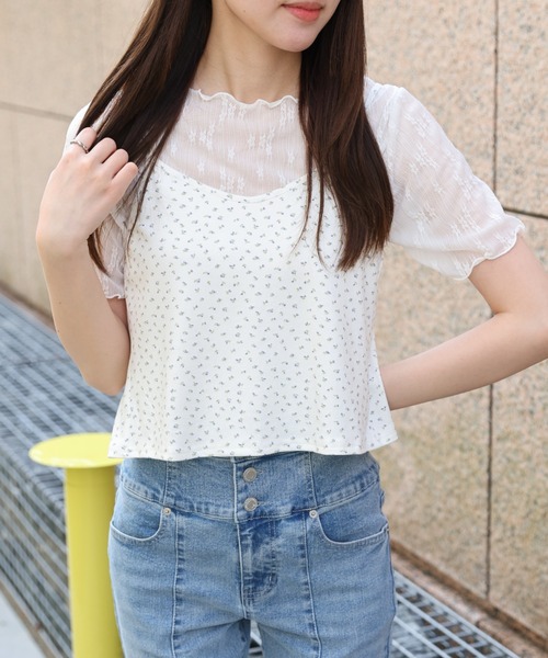 LAC-VERT(ラック・ヴェール)の「シアーT+小花柄キャミセット(Tシャツ/カットソー・レディース・ブラック/ホワイト・FREE)」の1枚目の写真