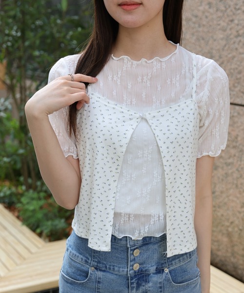 LAC-VERT(ラック・ヴェール)の「シアーT+小花柄キャミセット(Tシャツ/カットソー・レディース・ブラック/ホワイト・FREE)」の6枚目の写真