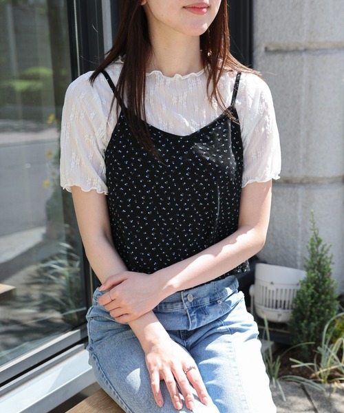 LAC-VERT(ラック・ヴェール)の「シアーT+小花柄キャミセット(Tシャツ/カットソー・レディース・ブラック/ホワイト・FREE)」の8枚目の写真