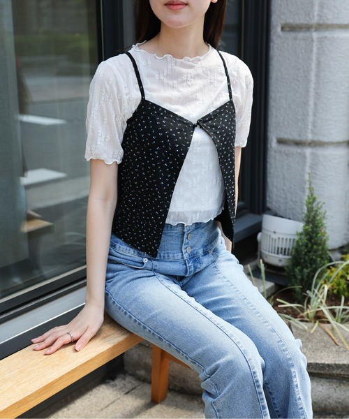 LAC-VERT(ラック・ヴェール)の「シアーT+小花柄キャミセット(Tシャツ/カットソー・レディース・ブラック/ホワイト・FREE)」の9枚目の写真