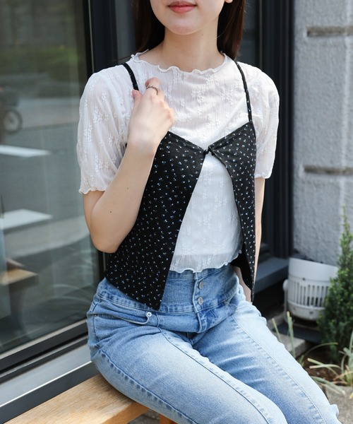 LAC-VERT(ラック・ヴェール)の「シアーT+小花柄キャミセット(Tシャツ/カットソー・レディース・ブラック/ホワイト・FREE)」の12枚目の写真