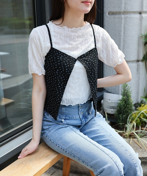 LAC-VERT(ラック・ヴェール)の「シアーT+小花柄キャミセット(Tシャツ/カットソー・レディース・ブラック/ホワイト・FREE)」の10枚目の写真