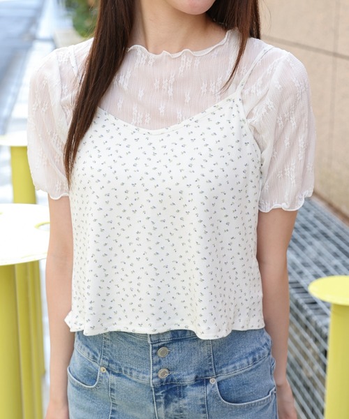 LAC-VERT(ラック・ヴェール)の「シアーT+小花柄キャミセット(Tシャツ/カットソー・レディース・ブラック/ホワイト・FREE)」の14枚目の写真