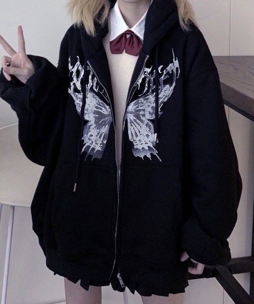 VIBGYOR（ヴィブジョー）の「[NARULA/ナルラ]オーバーサイズ バタフライ グラフィック ジップ パーカー(CZ)（パーカー・レディース・グレー/ブラック/ホワイト・FREE）」の4枚目の写真