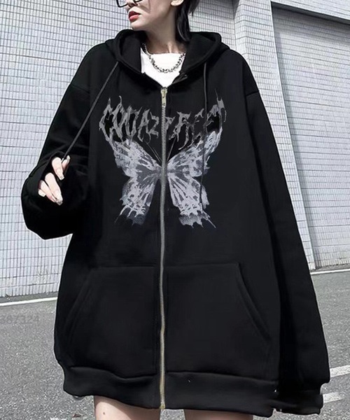 VIBGYOR（ヴィブジョー）の「[NARULA/ナルラ]オーバーサイズ バタフライ グラフィック ジップ パーカー(CZ)（パーカー・レディース・グレー/ブラック/ホワイト・FREE）」の5枚目の写真