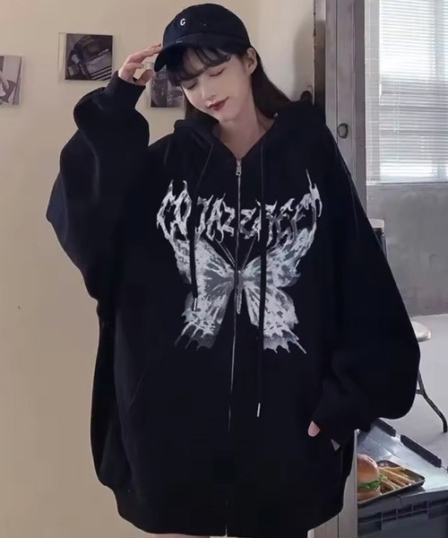 VIBGYOR（ヴィブジョー）の「[NARULA/ナルラ]オーバーサイズ バタフライ グラフィック ジップ パーカー(CZ)（パーカー・レディース・グレー/ブラック/ホワイト・FREE）」の6枚目の写真