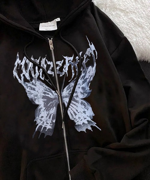 VIBGYOR（ヴィブジョー）の「[NARULA/ナルラ]オーバーサイズ バタフライ グラフィック ジップ パーカー(CZ)（パーカー・レディース・グレー/ブラック/ホワイト・FREE）」の7枚目の写真