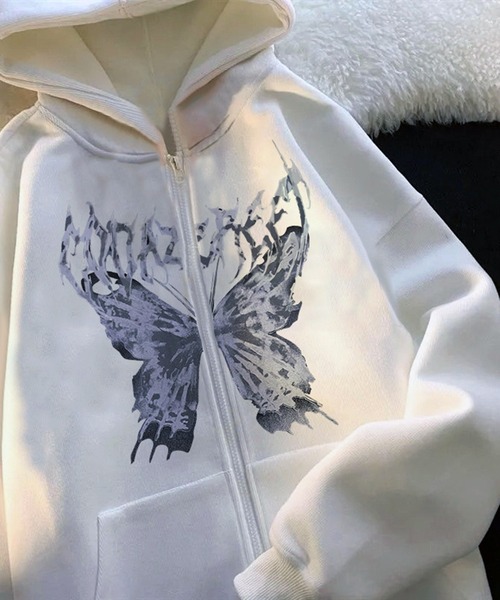 VIBGYOR（ヴィブジョー）の「[NARULA/ナルラ]オーバーサイズ バタフライ グラフィック ジップ パーカー(CZ)（パーカー・レディース・グレー/ブラック/ホワイト・FREE）」の8枚目の写真