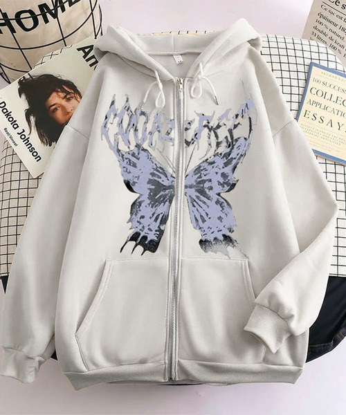 VIBGYOR（ヴィブジョー）の「[NARULA/ナルラ]オーバーサイズ バタフライ グラフィック ジップ パーカー(CZ)（パーカー・レディース・グレー/ブラック/ホワイト・FREE）」の10枚目の写真