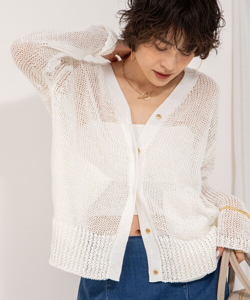 Rie Miller(リエミラー)の「《手洗い可能》ギマ ポリ/リネン Vネックカーディガン(カーディガン/ボレロ・レディース・ホワイト/サックスブルー/ブラック・38)」の2枚目の写真