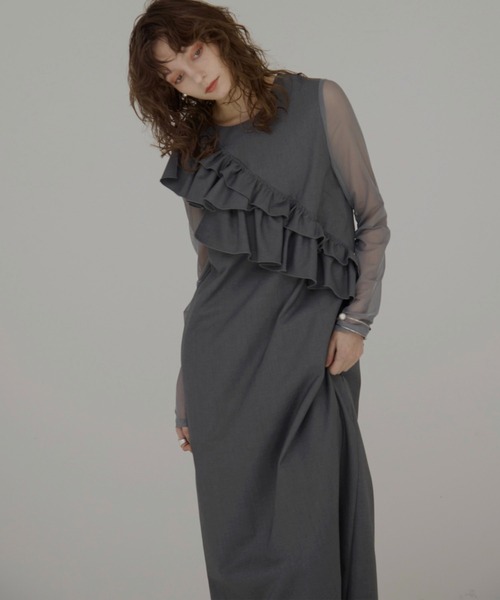 MIELI INVARIANT（ミエリインヴァリアント）の「Manish Twill Frill Dress（ワンピース・レディース・ブラック/グレー・FREE）」の2枚目の写真