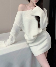 【Jasmine】セットアップ ワンショルダーニットプルオーバー＋ミニスカート