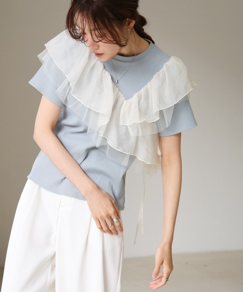Bab(バブ)の「アシメフリルドッキングカットソー(Tシャツ/カットソー・レディース・オフホワイト/ブルー/ブラック・FREE)」の15枚目の写真