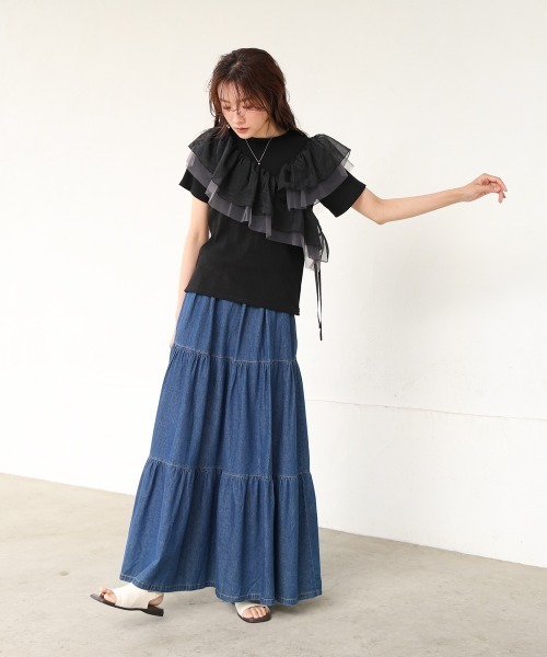 Bab(バブ)の「アシメフリルドッキングカットソー(Tシャツ/カットソー・レディース・オフホワイト/ブルー/ブラック・FREE)」の4枚目の写真