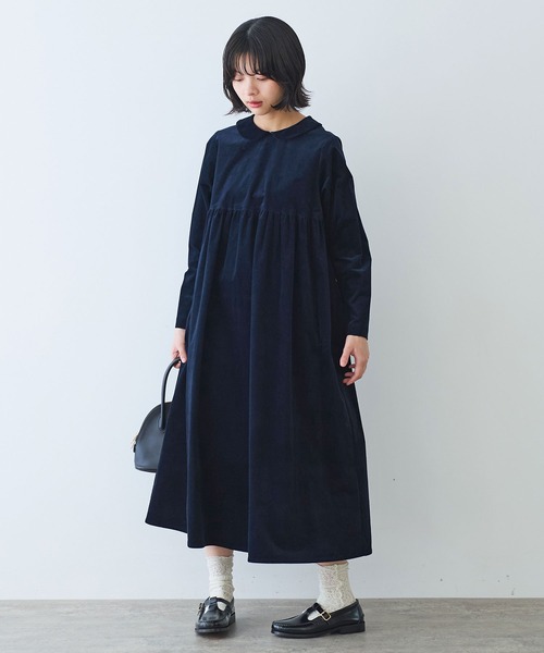 bulle de savon（ビュルデサボン）の「細コール 丸衿ワンピース（ワンピース・レディース・ネイビー/ブルー・FREE）」の3枚目の写真
