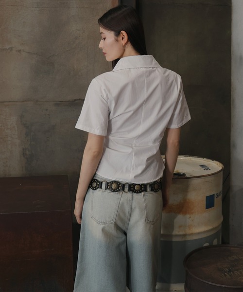 Mili affinity（ミリアフィニティー）の「ウエストタッククロス半袖シャツ（シャツ/ブラウス・レディース・オフホワイト/ブルー/ストライプ・FREE）」の14枚目の写真