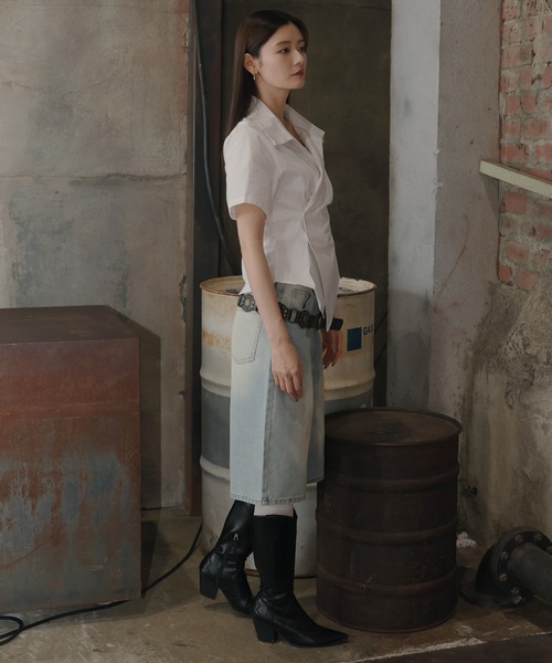 Mili affinity（ミリアフィニティー）の「ウエストタッククロス半袖シャツ（シャツ/ブラウス・レディース・オフホワイト/ブルー/ストライプ・FREE）」の16枚目の写真