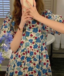 前ボタン花柄半袖ロングワンピース