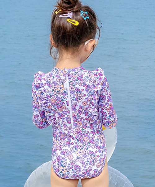 キッズ水着 長袖フラワープリントフリルオールインワン水着+キャップ 2