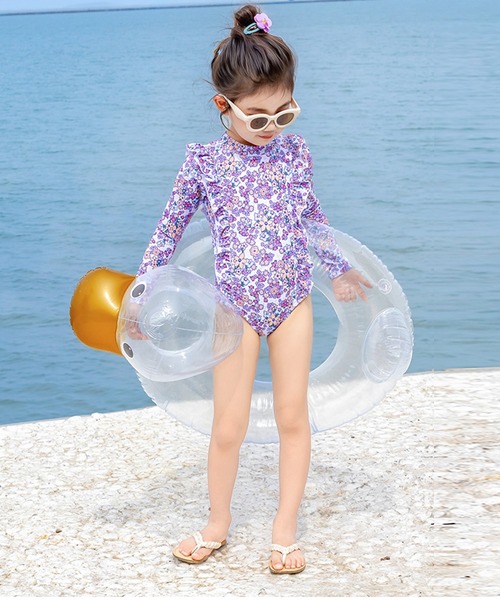 キッズ水着 長袖フラワープリントフリルオールインワン水着+キャップ 2