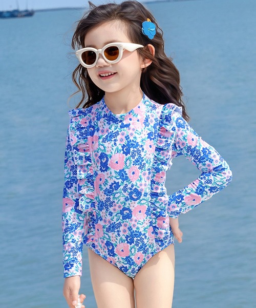 ハワイで購入フラワープリント長袖水着　ロンスプ セール】キッズ水着 長袖フラワープリントフリルオールインワン水着+