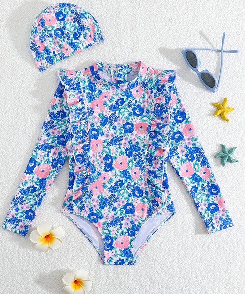セール】キッズ水着 長袖フラワープリントフリルオールインワン水着+