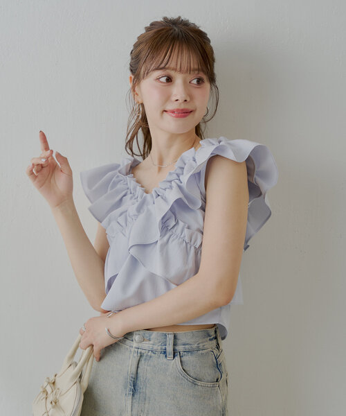 chico チコ 2wayクロスフリルデザインブラウス ブルー 新品未使用 Chico ブラウス シャツ 「5色展開」2wayクロスフリルデザイン