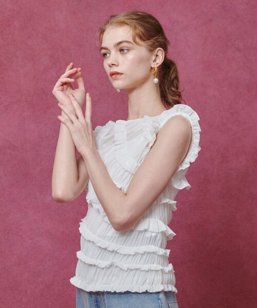LOULOU WILLOUGHBY(ルルウィルビー)の「【LOULOU WILLOUGHBY】オーガンジートリコットギャザープルオーバー(Tシャツ/カットソー・レディース・オレンジ/ホワイト/ブラック・2)」の6枚目の写真
