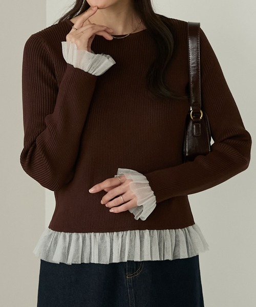 Cherir Mignon（シェリルミニョン）の「【Cherir Mignon】シアーフリルラメリブニットプルオーバー（ニット/セーター・レディース・チャコールグレー/アイボリー/ブラウン・FREE）」の3枚目の写真