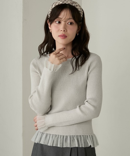 Cherir Mignon（シェリルミニョン）の「【Cherir Mignon】シアーフリルラメリブニットプルオーバー（ニット/セーター・レディース・チャコールグレー/アイボリー/ブラウン・FREE）」の7枚目の写真