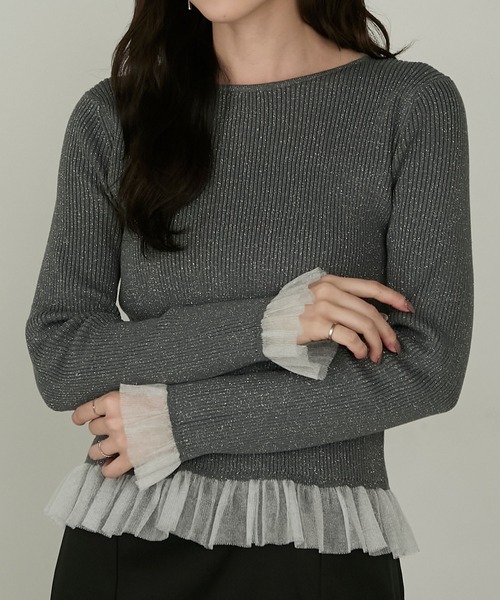 Cherir Mignon（シェリルミニョン）の「【Cherir Mignon】シアーフリルラメリブニットプルオーバー（ニット/セーター・レディース・チャコールグレー/アイボリー/ブラウン・FREE）」の18枚目の写真