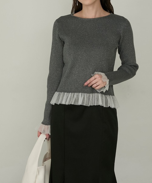 Cherir Mignon（シェリルミニョン）の「【Cherir Mignon】シアーフリルラメリブニットプルオーバー（ニット/セーター・レディース・チャコールグレー/アイボリー/ブラウン・FREE）」の19枚目の写真