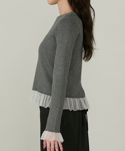 Cherir Mignon（シェリルミニョン）の「【Cherir Mignon】シアーフリルラメリブニットプルオーバー（ニット/セーター・レディース・チャコールグレー/アイボリー/ブラウン・FREE）」の5枚目の写真