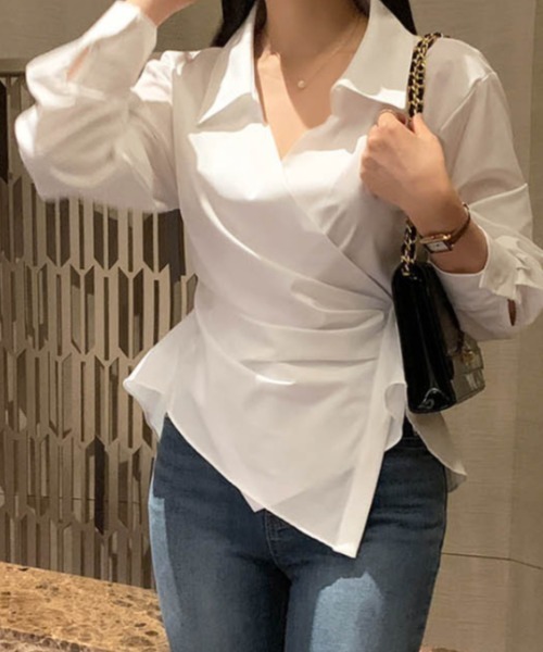 cammie（キャミー）の「カシュクールデザインシャツ（シャツ/ブラウス・レディース・ホワイト/ライトブルー・LARGE/MEDIUM）」の4枚目の写真