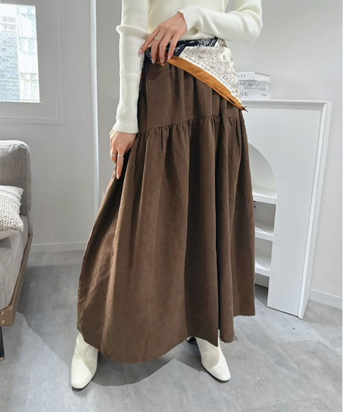 セール】【スカーフセット】スエードタッチティアードマキシスカート