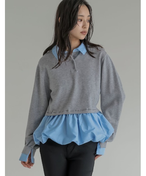 Re:EDIT（リエディ）の「[2025AW COLLECTION]スウェットライクニット×バルーンシャツレイヤード風トップス（ニット/セーター・レディース・グレー/ブラック/チャコールグレー・MEDIUM/LARGE）」の3枚目の写真