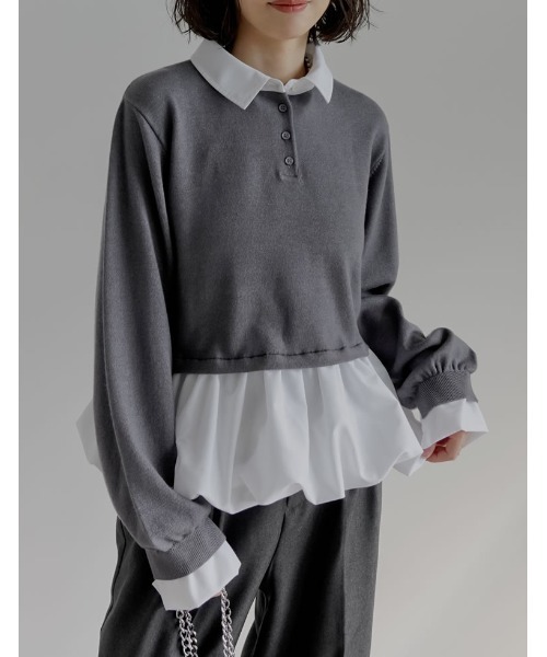 Re:EDIT（リエディ）の「[2025AW COLLECTION]スウェットライクニット×バルーンシャツレイヤード風トップス（ニット/セーター・レディース・グレー/ブラック/チャコールグレー・MEDIUM/LARGE）」の2枚目の写真