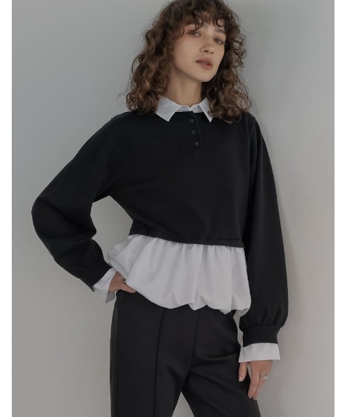 Re:EDIT（リエディ）の「[2025AW COLLECTION]スウェットライクニット×バルーンシャツレイヤード風トップス（ニット/セーター・レディース・グレー/ブラック/チャコールグレー・MEDIUM/LARGE）」の20枚目の写真