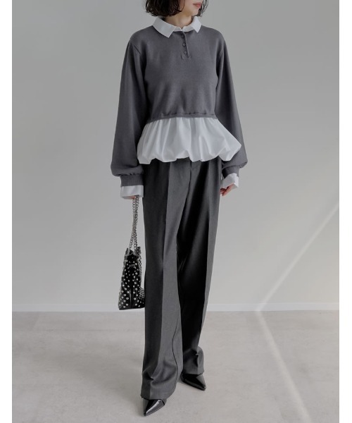 Re:EDIT（リエディ）の「[2025AW COLLECTION]スウェットライクニット×バルーンシャツレイヤード風トップス（ニット/セーター・レディース・グレー/ブラック/チャコールグレー・MEDIUM/LARGE）」の13枚目の写真