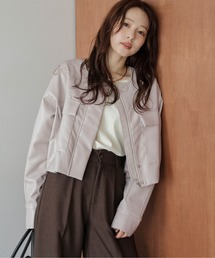 ノーカラージャケット(グレー/灰色系・ショート丈 ノーカラージャケット(グレー/灰色系・ショート丈